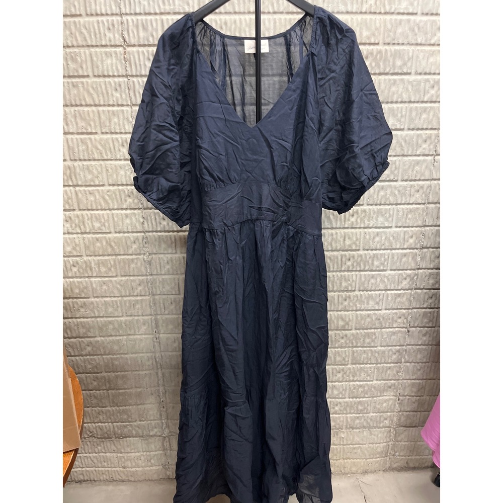 Universal Thread Navy Blue V-Neck Puff Sleeve Tiered Midi Dress XXL Boho Coastal
